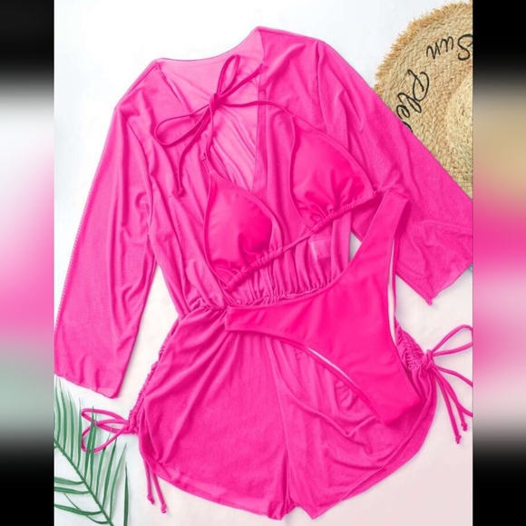 Summer Beach Sheer Mesh Bikini Set Halter Triangle Bra & Thong Bottom & Cover Up - Picture 2 of 3